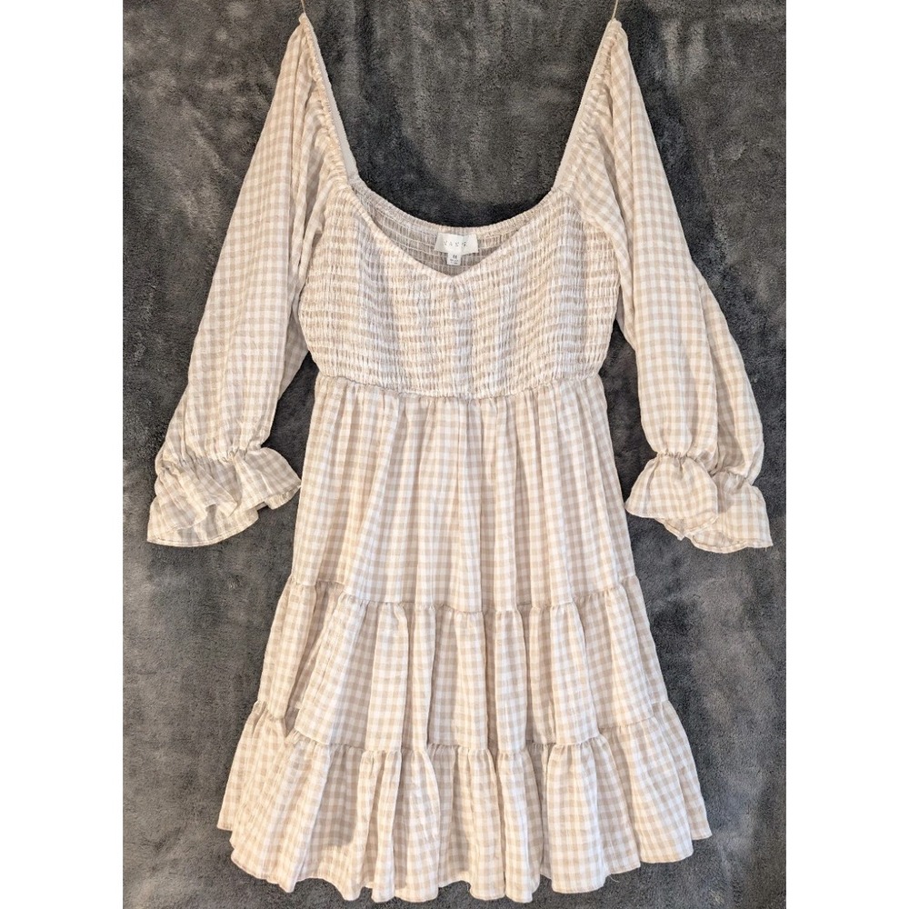 Mable Tan/White Gingham Smocked Bodice Ruffle Hem Dress-Size M (Instagram Dress) - Picture 2 of 7
